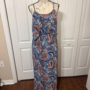 Xhilaration Womens Large Paisley Maxi Dress Blue Orange Ruffle Boho